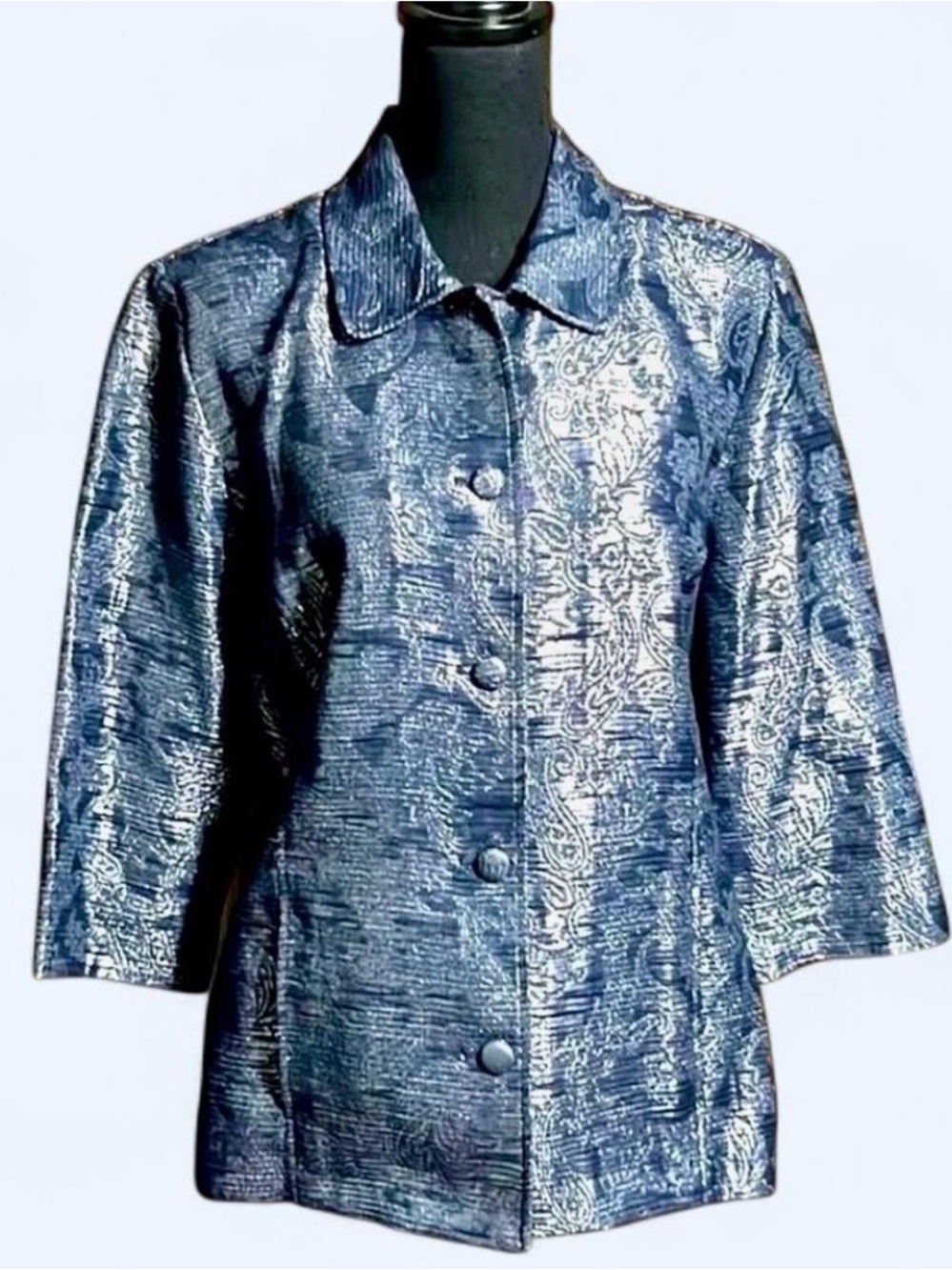 Alfred Dunner Metallic Navy Brocade Button-Front Jacket